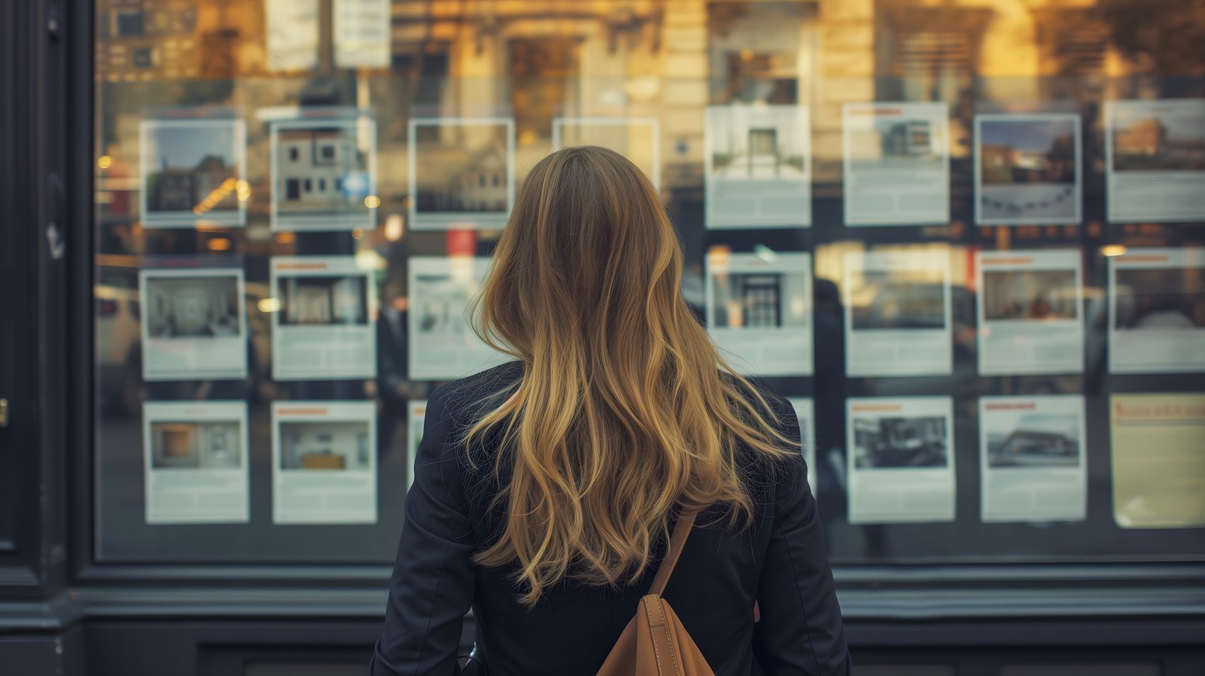 Une femme de dos regardant un porte affiche suspendu dans la vitrine d'une agence immobilière.